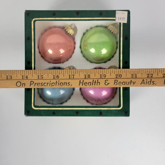 Vtg Christmas by Krebs Pastel Colors Hand Decorated Glass Ornaments 4pcs w/ Box - Picture 3 of 14